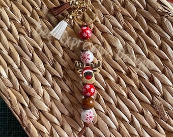 Handmade Rudolph Reindeer Christmas Keychain: Suede Tassels & Wood Beads