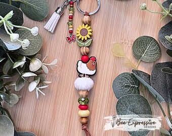 Beaded Chicken Keychain: Wood Sunflower, Tassel & Butterfly Charm