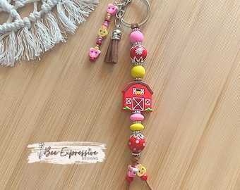 Handmade Red Barn Keychain: Beaded Tassel, Pig & Chicken Clay Beads