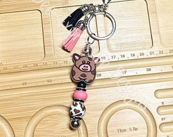 Handmade Cow Keychain: Rhinestone, Tassel, Cow Print Bead