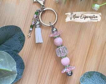 Handmade Iridescent Beaded Keychain: Pink & Green Tassel Charm