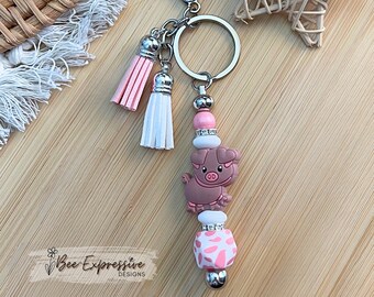 LAST ONE! Pink Pig Beaded Keychain: Rhinestone Accents, Tassel Charm