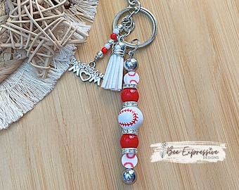 Handmade Baseball Keychain: Wood Beads, Rhinestone Spacers, Baseball Mom Charm