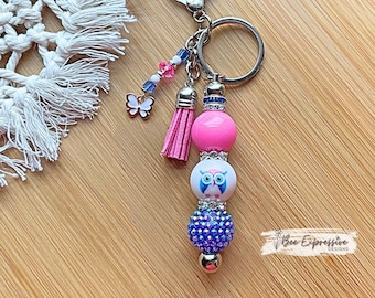 Handmade Owl Beaded Keychain: Chunky Acrylic Tassel Charm