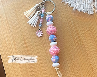 Handmade Chunky Beaded Keychain: Floral Print, Tassel Charm