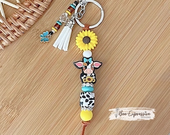 Cow & Sunflower Keychain: Beaded Tassel, Butterfly Charm