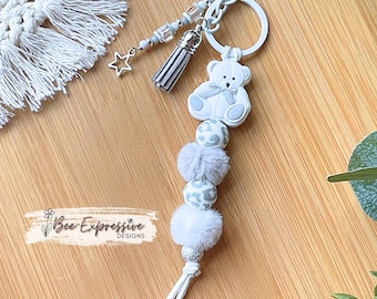 Handmade Teddy Bear Keychain: Furry Beads, Star Charm & Suede Tassel