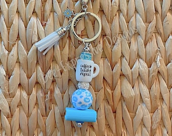 Handmade Teacher Keychain: Coffee Teach Repeat, Daisy Charm