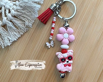 Handmade Pink Puppy Keychain: Beaded Tassel, Butterfly Charm