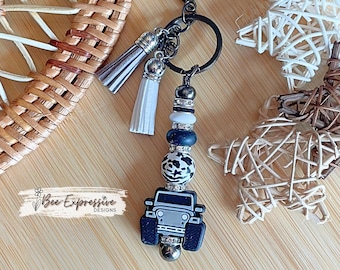 4x4 Vehicle Beaded Keychain: Animal Print Bead, Rhinestone Spacers