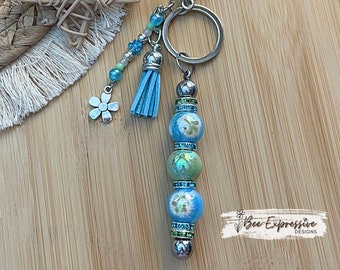 Iridescent Beaded Keychain: Acrylic Daisy Flower, Rhinestone Spacers, Flower Charm