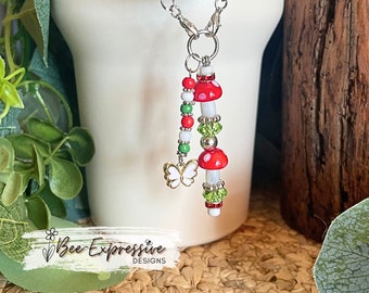 Mushroom Beaded Tumbler Charm Chain: Glass Mushroom Beads, Butterfly Pendant, Acrylic Tassel