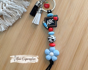 Handmade Teacher Keychain: Apple Charm, Chalkboard, Daisy Flower