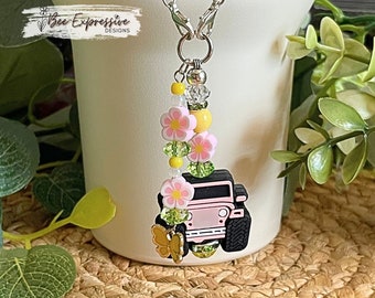 Handmade Pink 4x4 Tumbler Charm: Beaded Tassel, Clay Flower, Butterfly