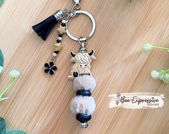 Handmade Cow Keychain: Furry Beads, Star Tassel, Flower Charm