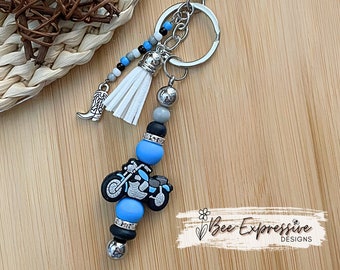Handmade Blue & Gray Silicone Motorcycle Keychain: Beaded Tassel, Boot Charm