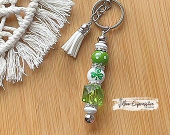 Handmade Shamrock Keychain: Beaded Metal Charm with Tassel