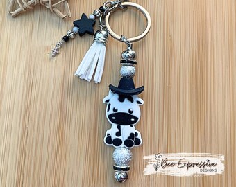 Handmade Silicone Cow Keychain: Cowboy Hat, Beaded Tassel, Star & Cross Charm