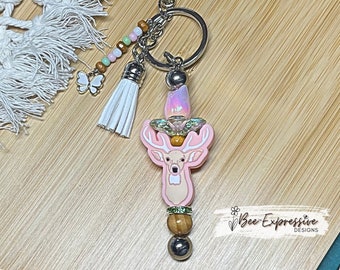 Handmade Deer Keychain: Beaded Tassel, Wood Beads, Acrylic Tulip
