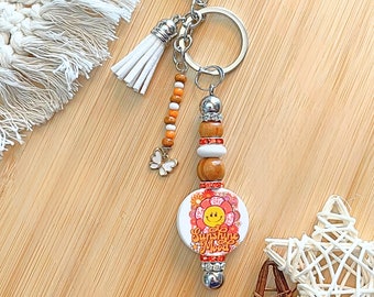 Flower Emoji Beaded Keychain: Rhinestone, Wood & Butterfly Charm