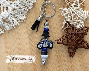 Unique and handmade, navy blue and gray silicone motorcycle keychain!