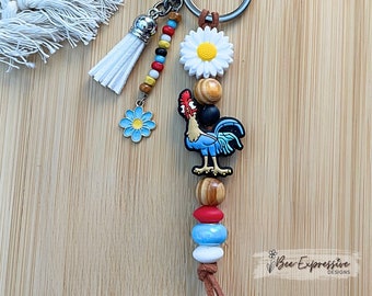 Handmade Rooster Keychain: Beaded Tassel, Daisy Charm