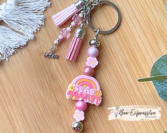 Stay Groovy Beaded Keychain: Floral Wood Beads, Suede Tassels & Love Charm