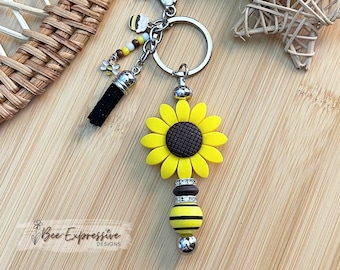 Handmade Sunflower Beaded Keychain: Bee & Honey Pot Charm