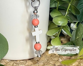 Handmade Peach Beaded Cross Charm for Tumbler