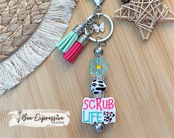 Unique and colorful, beaded, scrubs metal keychain!