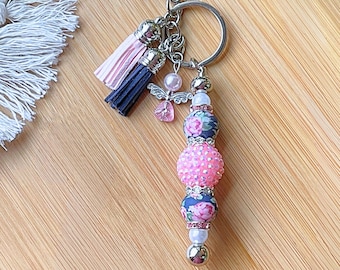 Handmade Beaded Keychain: Rhinestone, Faux Pearl, Angel Charm