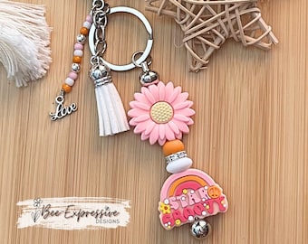 Handmade Beaded Keychain: Stay Groovy, Daisy Flower, Tassel Charm