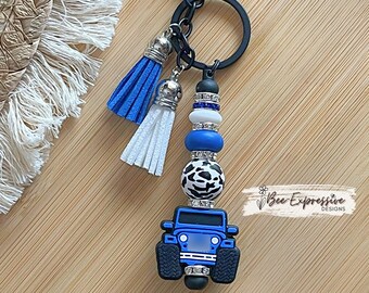 Handmade Blue 4x4 Keychain: Rhinestone & Lentil Beads