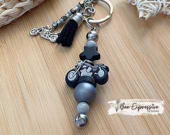 Unique and handmade, black and gray silicone motorcycle keychain!
