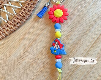 Handmade Silicone Mermaid Keychain: Blue Tassel, Red Flower, Yellow Cord