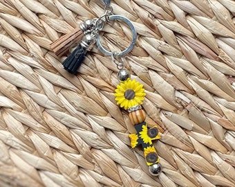 Handmade Sunflower Cross Keychain: Wood Beads, Tassel, Rhinestone Spacer