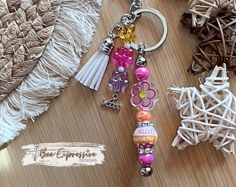 Handmade Beaded Summer Keychain: Daisy Flower, Wood Bead, Tassel Charm