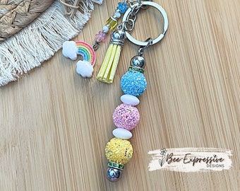 Handmade Rainbow Keychain: Glitter Beads, Rainbow Charm, Lobster Clasp