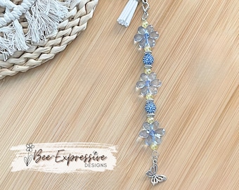 Handmade Beaded Keychain: Blue Acrylic Flower, Butterfly Charm