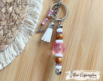 Handmade Beaded Keychain: Wood, Silicone, Rhinestone Beads with LOVE Charm