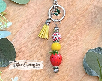 Strawberry Beaded Keychain: Interchangeable Charm, Tassel & Butterfly