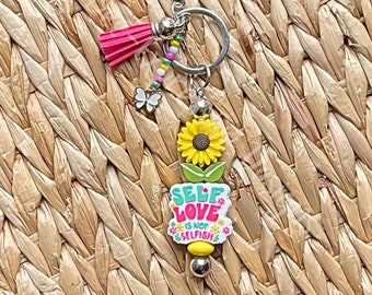 Handmade Sunflower Keychain: Wood Leaves, Butterfly Charm & Beaded Tassel