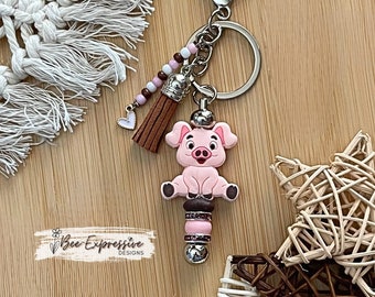 Handmade Pink Pig Keychain: Beaded Tassel, Heart Charm