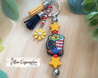 Handmade Western Boot Keychain: Beaded Tassel, Wood Star Charm