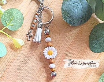 Handmade Sunflower Keychain: Wood & Silicone Beads, Cross Charm