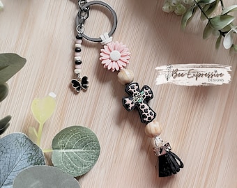 Handmade Black Cross Keychain: Suede Cord, Wood Beads & Butterfly Tassel