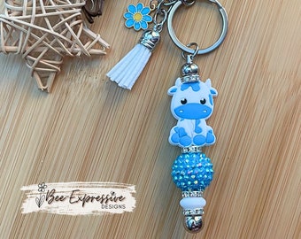 Handmade Baby Blue Cow Keychain: Rhinestone Bead & Daisy Charm