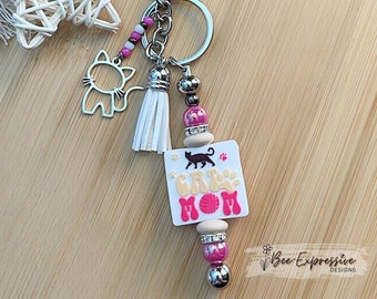 Handmade Cat Mom Beaded Keychain: Silicone Charm, Tassel, Lobster Clasp