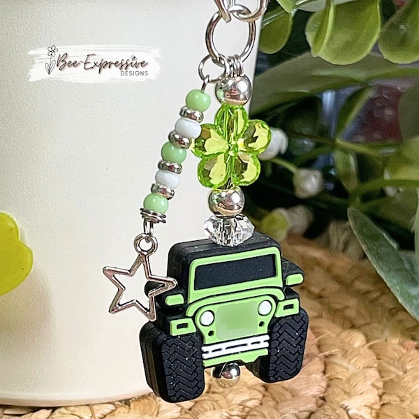 Handmade, green 4x4 vehicle charm chain for tumbler!  Acrylic flower, lobster claw clasps, beaded tassel, metal star charm pendant