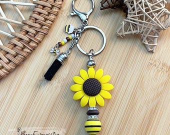 Handmade Sunflower Beaded Keychain: Bee & Honey Pot Charm
